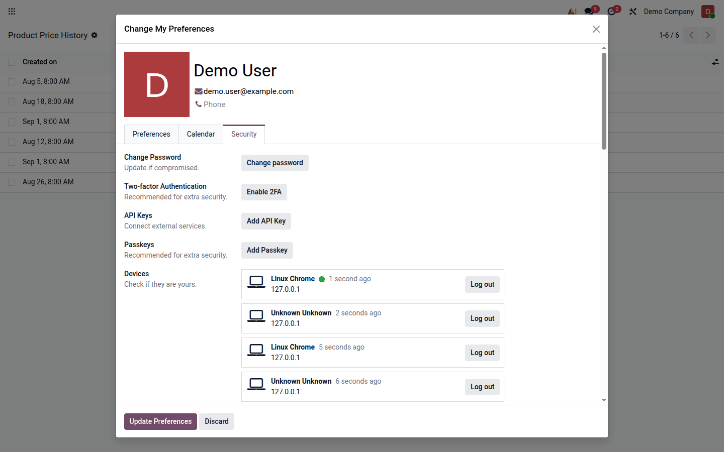Security tab in user preferences