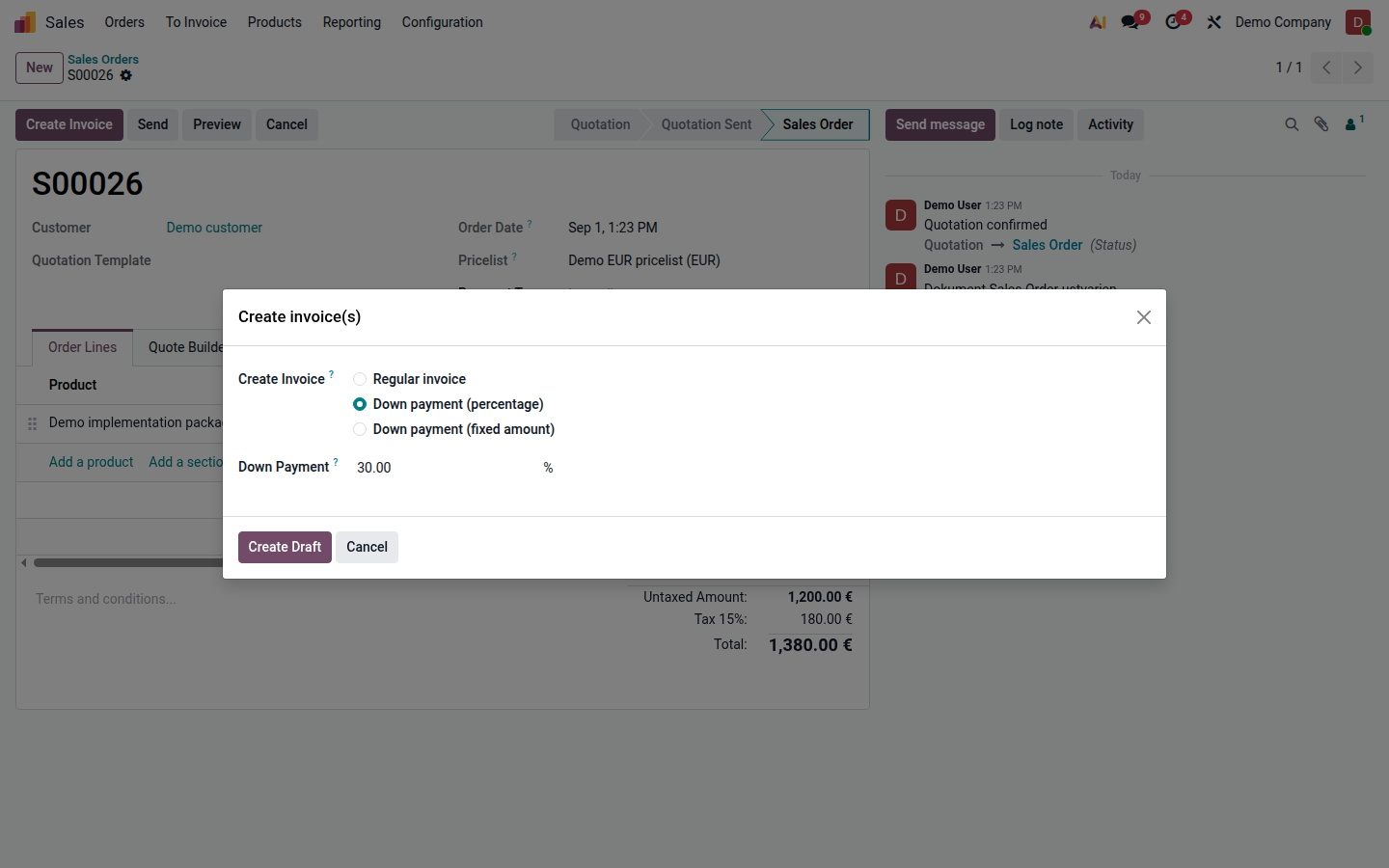 Wizard for creating a 30-percent down-payment invoice