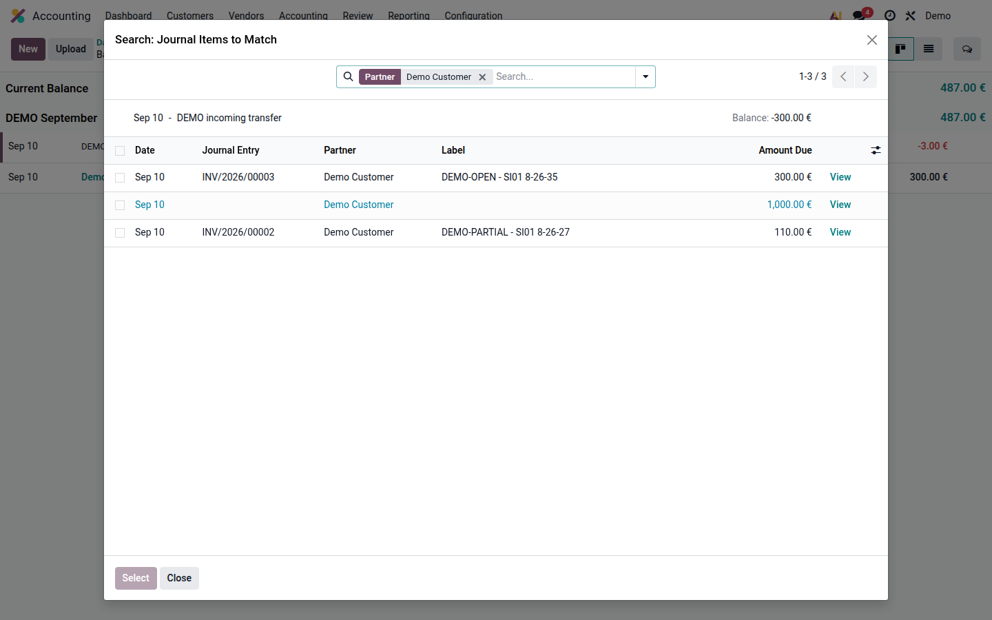 Open receivable items available for matching to the bank transaction