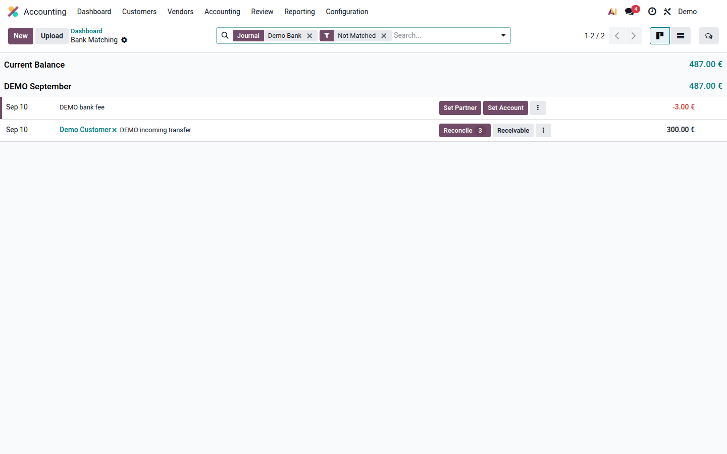 Bank Matching with an incoming transfer and a separate bank fee