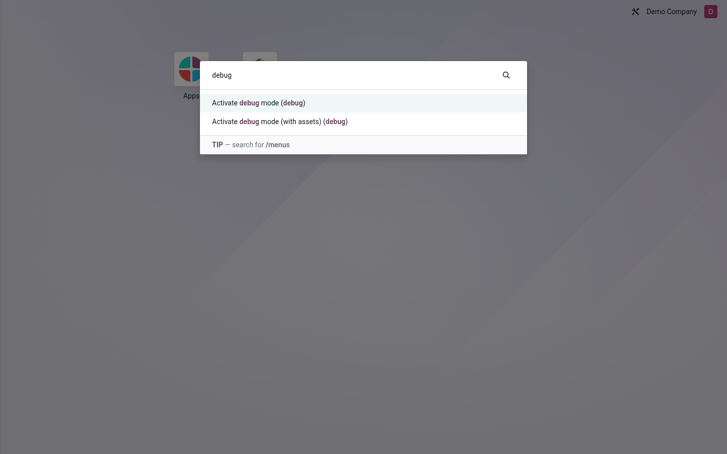 Command palette search results for debug mode