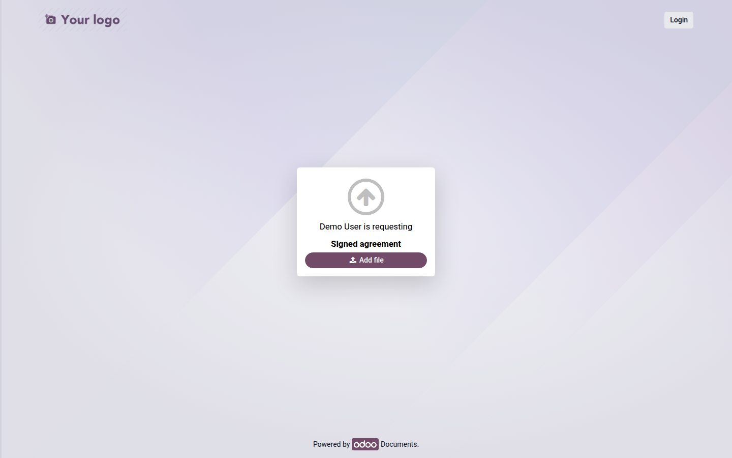Customer upload page showing the requester, requested agreement, and Add file button