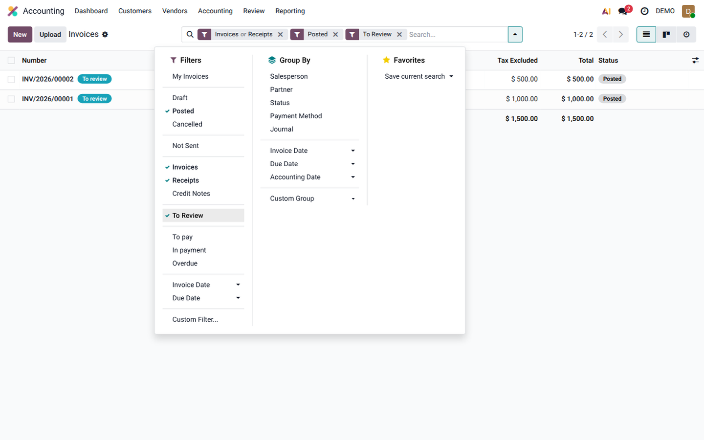 Customer invoice list with Posted and To Review selected in the search filters