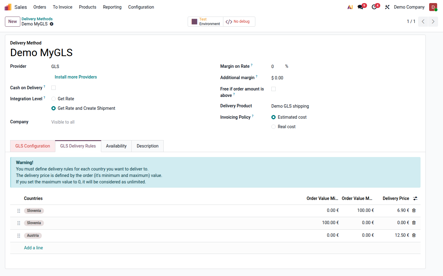 MyGLS rules by destination country and order value