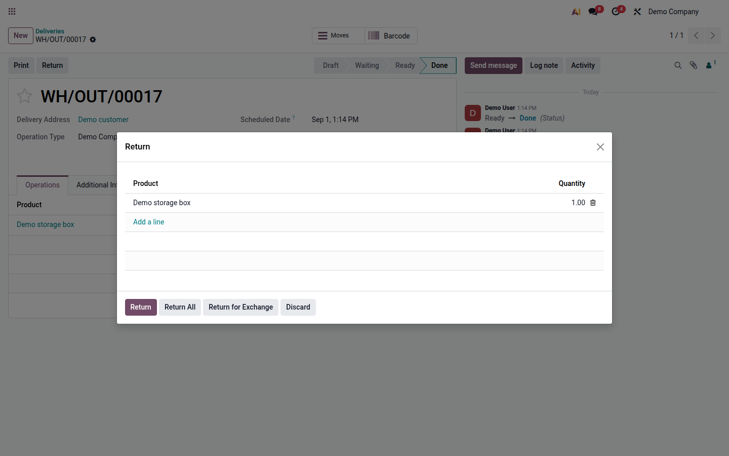 Wizard for returning a quantity from a completed delivery