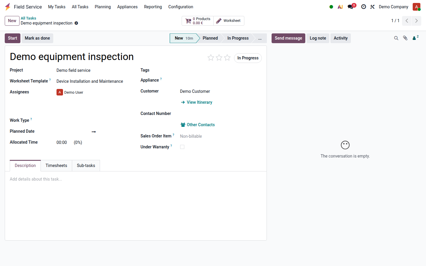 Field-service task with customer, worksheet, products and completion controls
