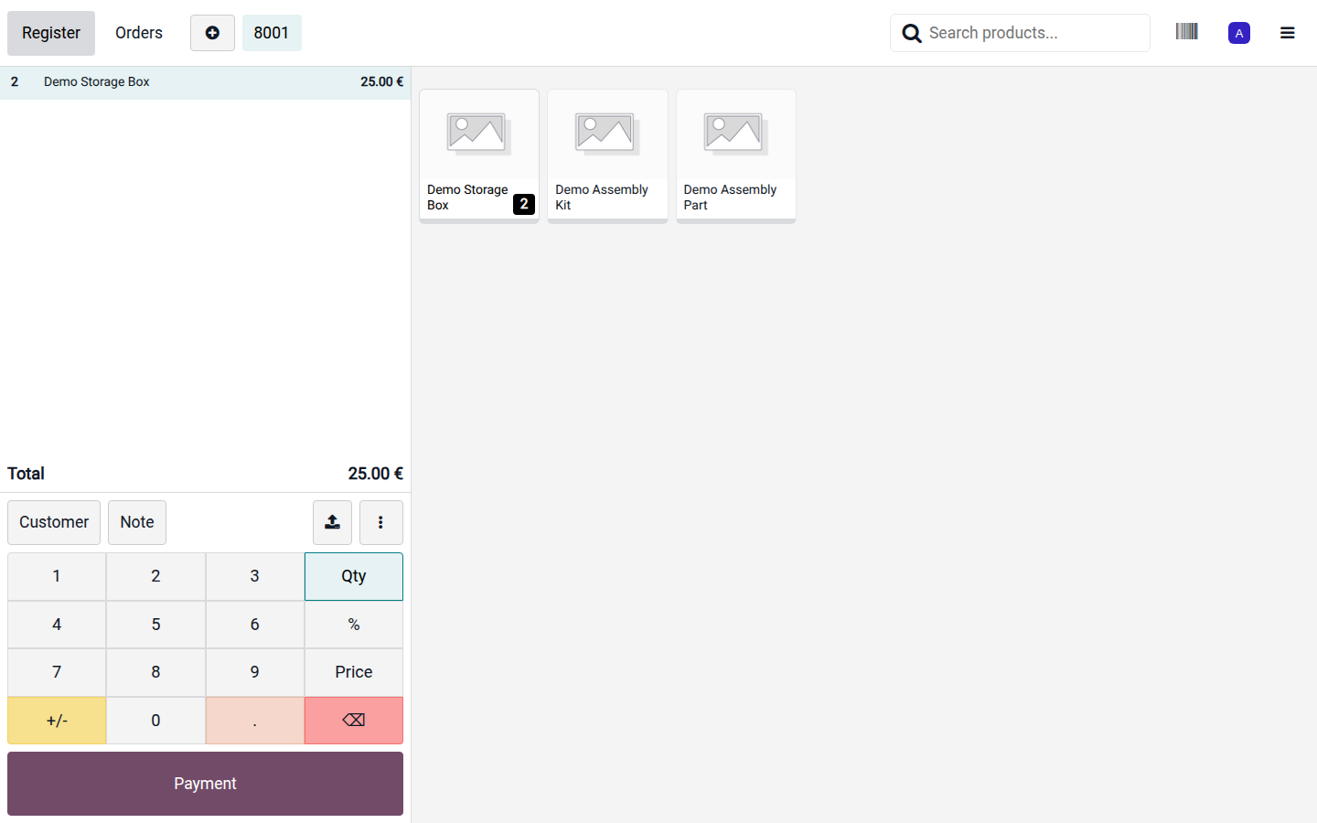 Register product selection with two units in the cart and the payment action.