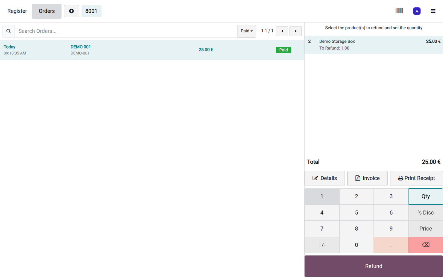Original demo receipt and returned product selection before creating the refund.
