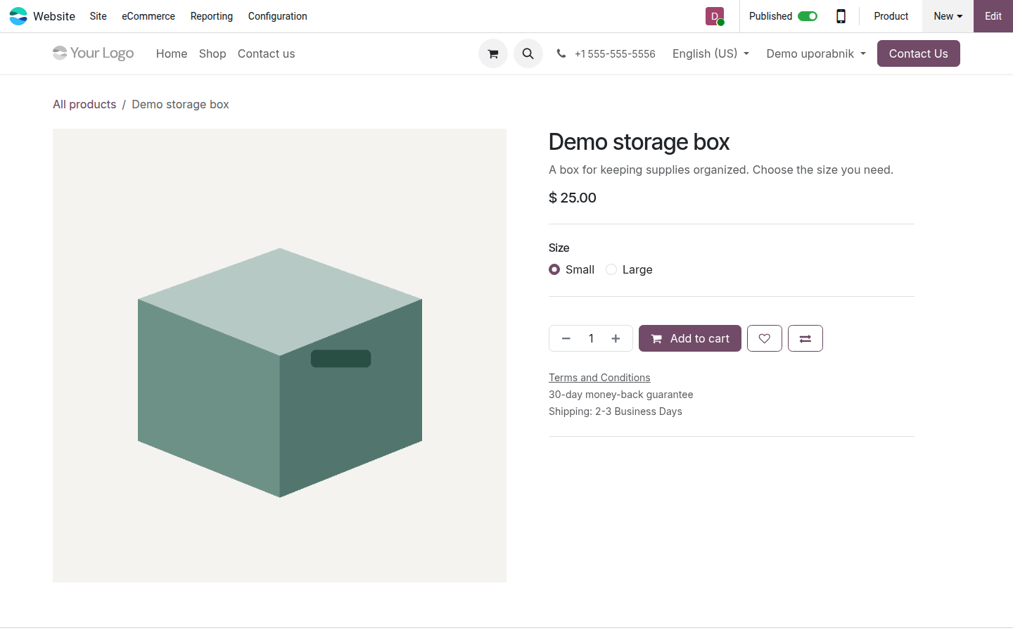 Published demo product page with variant choices and the publication status