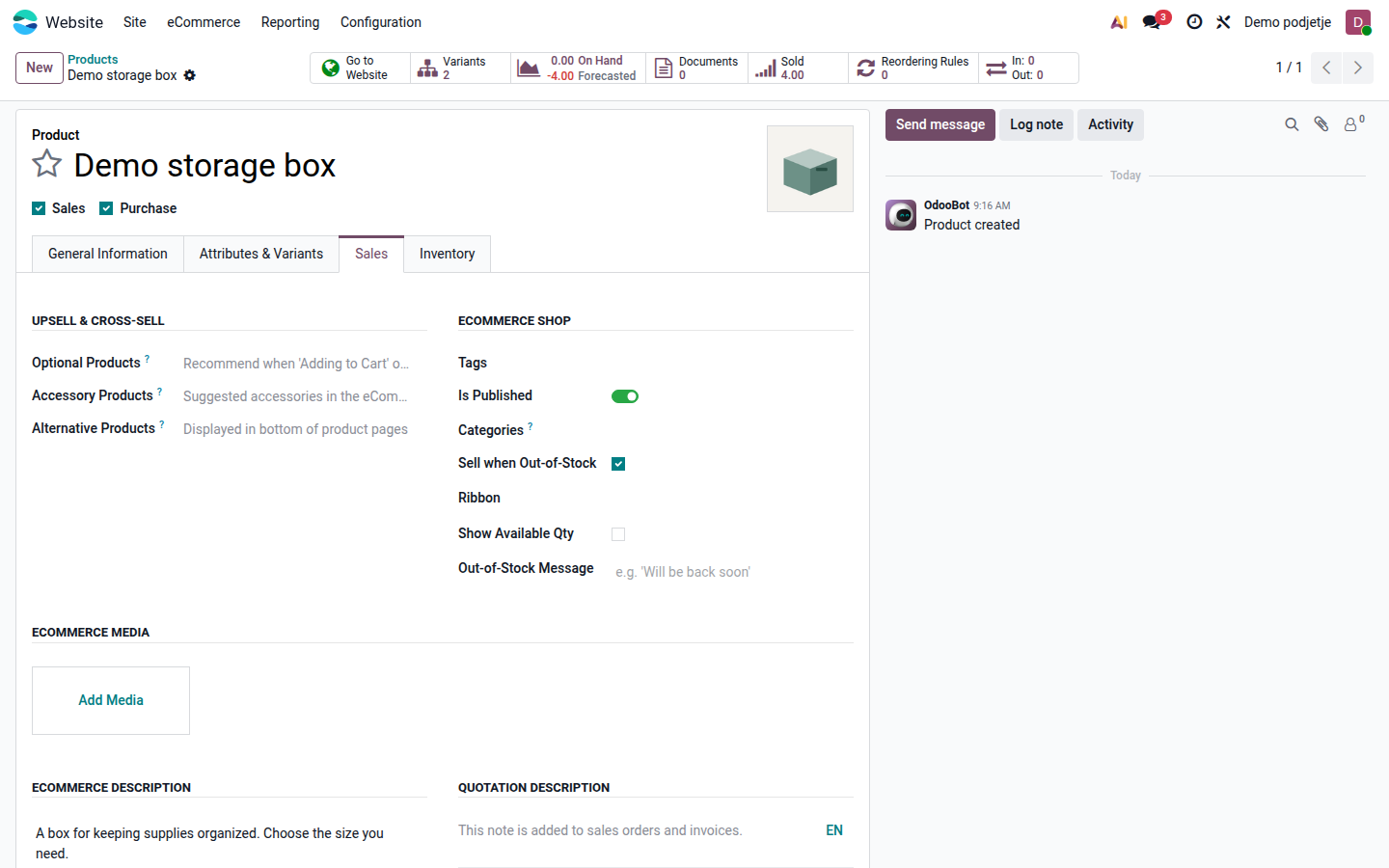 Product Sales tab with webshop categories, media and website settings