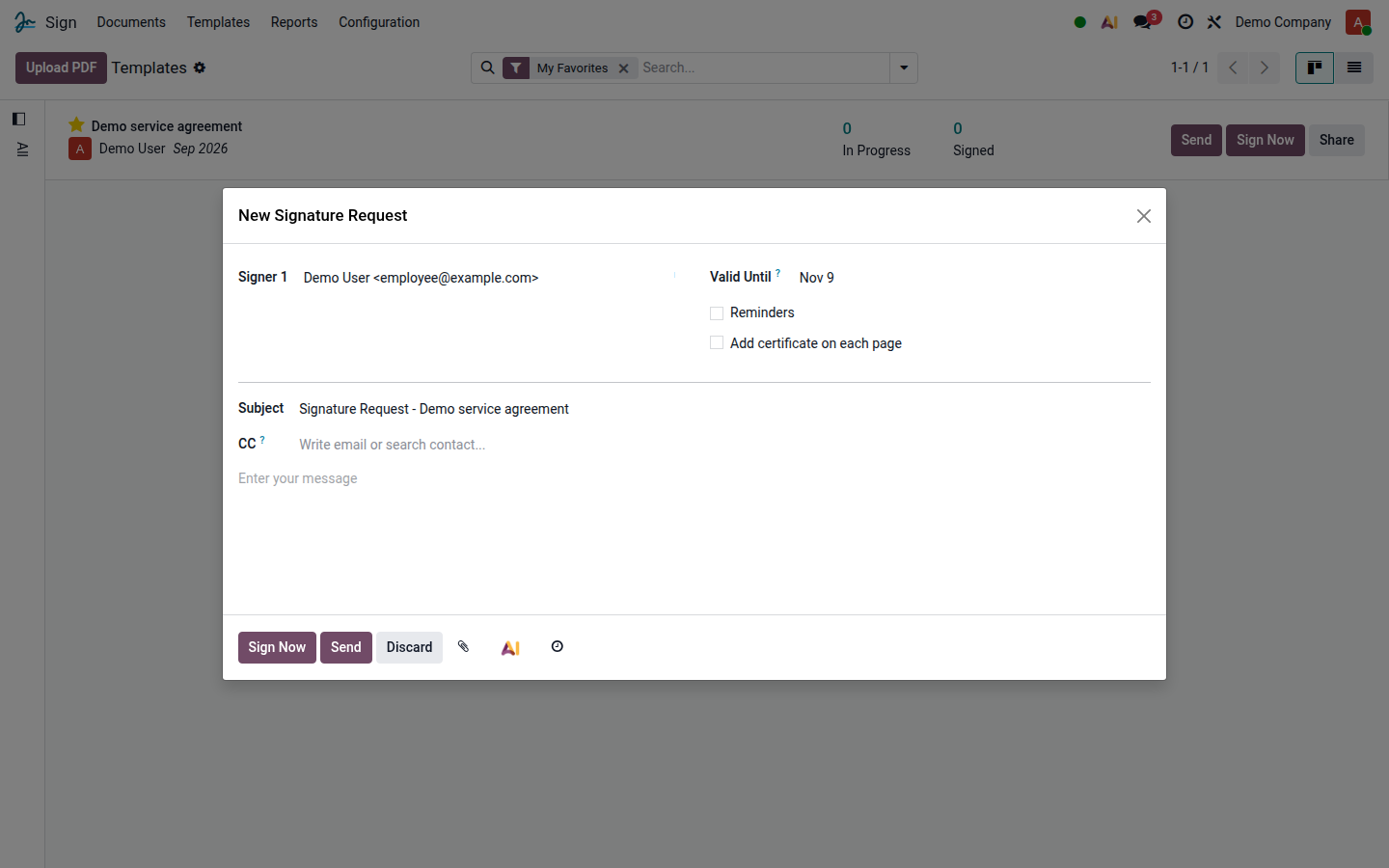 Signature request dialog with signer, validity, subject and sending controls