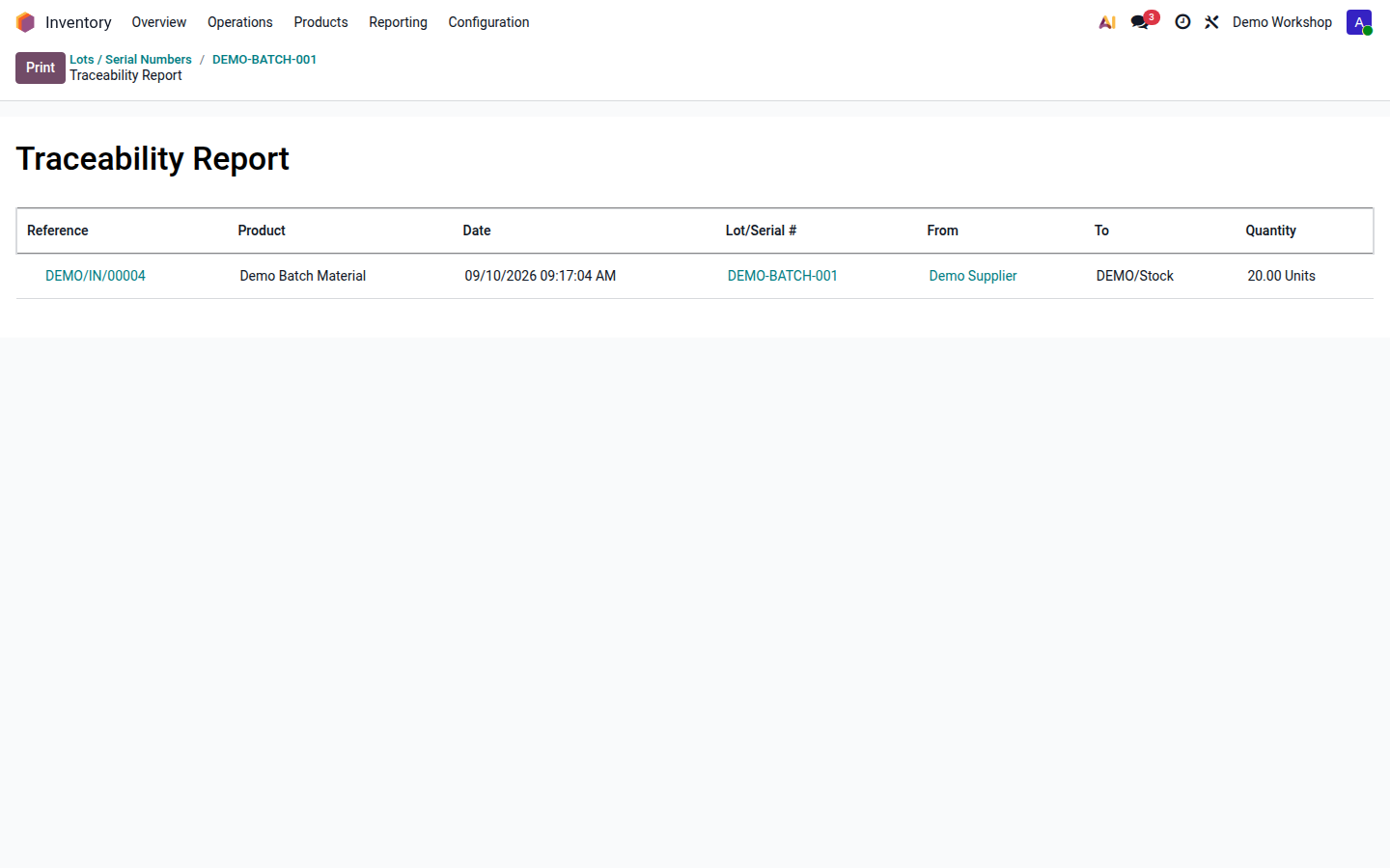 Traceability report connecting a demo batch with its receipt, supplier, destination and quantity.