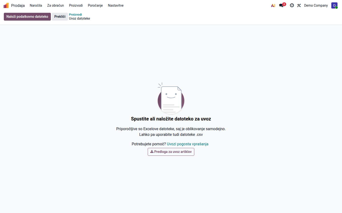 Čarovnik za uvoz proizvodov z gumboma Naloži podatkovno datoteko in Predloga za uvoz artiklov
