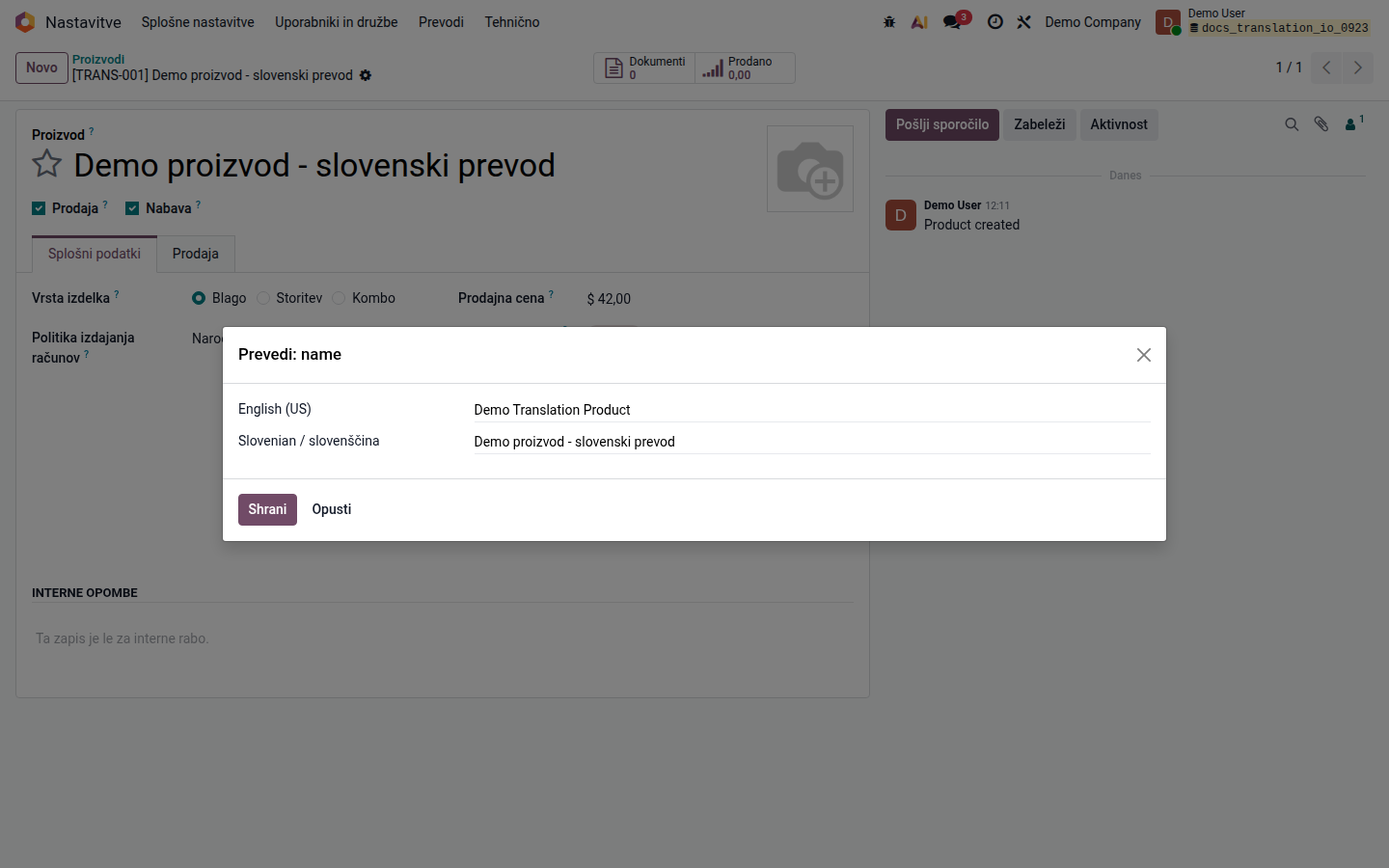 Okno prevoda imena proizvoda z angleškim izvorom in uvoženo slovensko vrednostjo