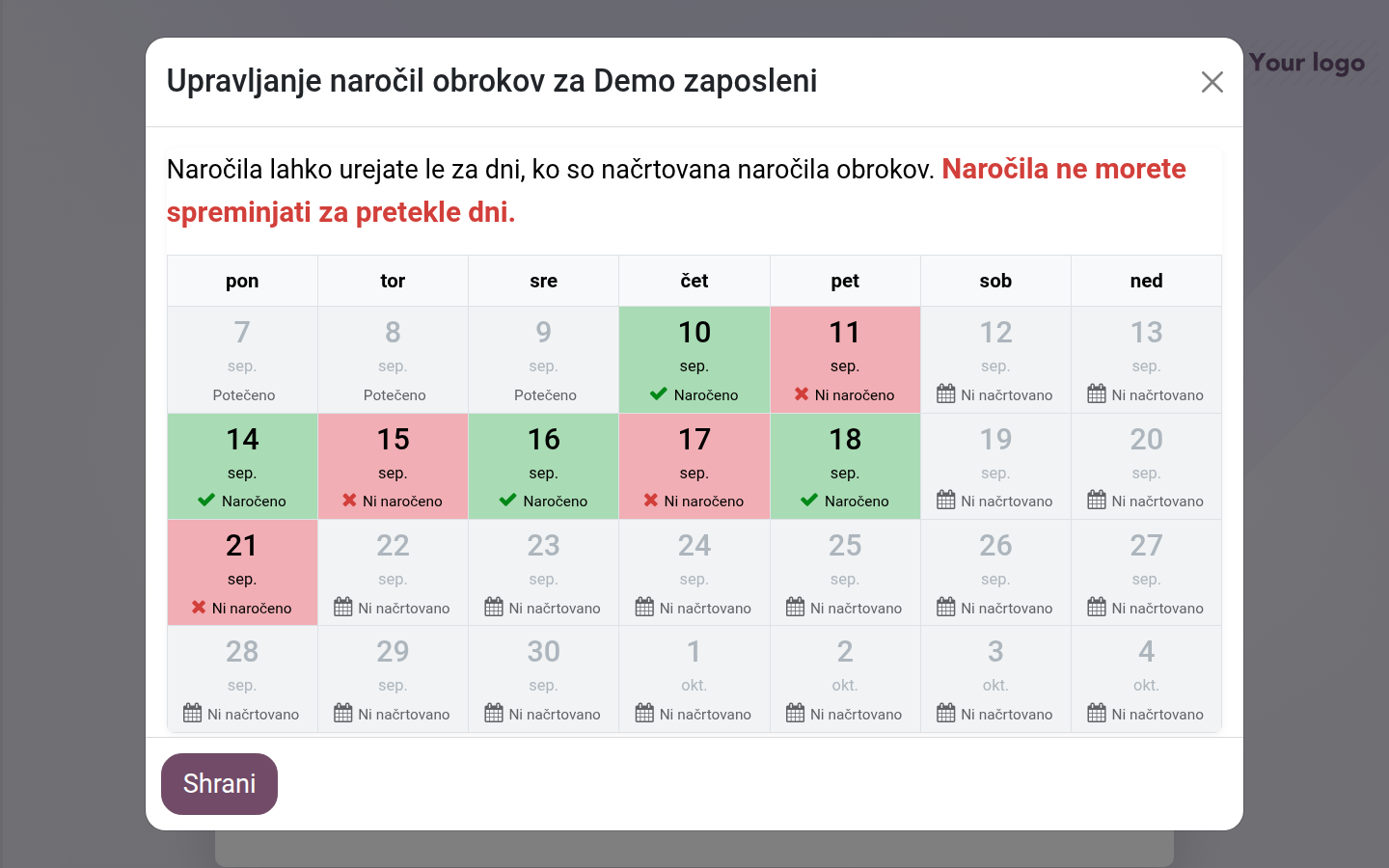 Koledar obrokov z naročenimi, nenaročenimi in nerazpoložljivimi dnevi