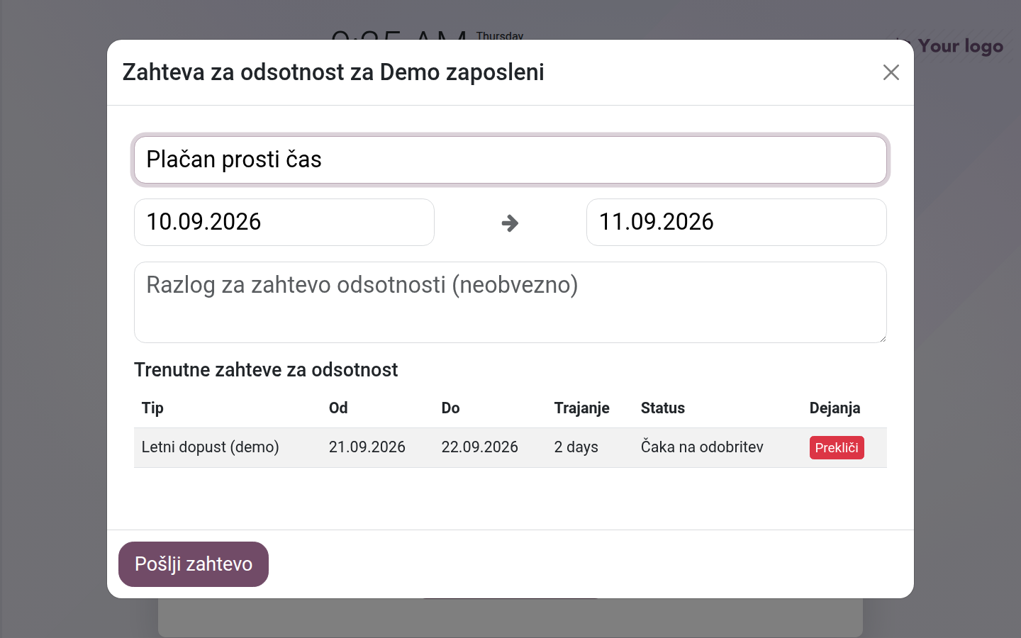 Okno odsotnosti na kiosku z obrazcem novega zahtevka in obstoječim čakajočim zahtevkom