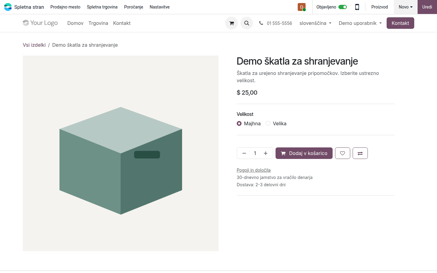 Objavljena stran demo proizvoda z izbiro različic in stanjem objave