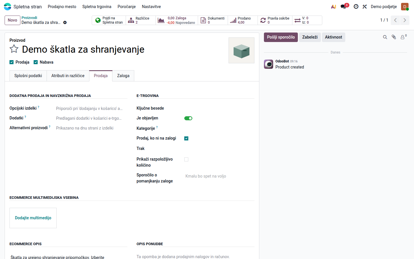 Prodajni zavihek proizvoda s kategorijami spletne trgovine, vsebino in nastavitvami spletne strani